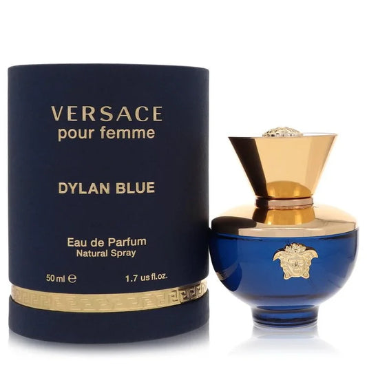 Versace Dylan Blue Pour Femme – rich floral fruity fragrance in navy blue amphora-shaped bottle with gold detailing. 50ml