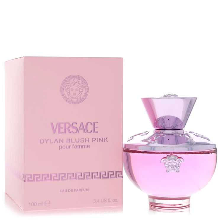 Versace Pour Femme Dylan Blush Pink Eau de Parfum for women, elegant soft pink amphora-shaped perfume bottle with metallic pink details and a Medusa-engraved cap 100ml