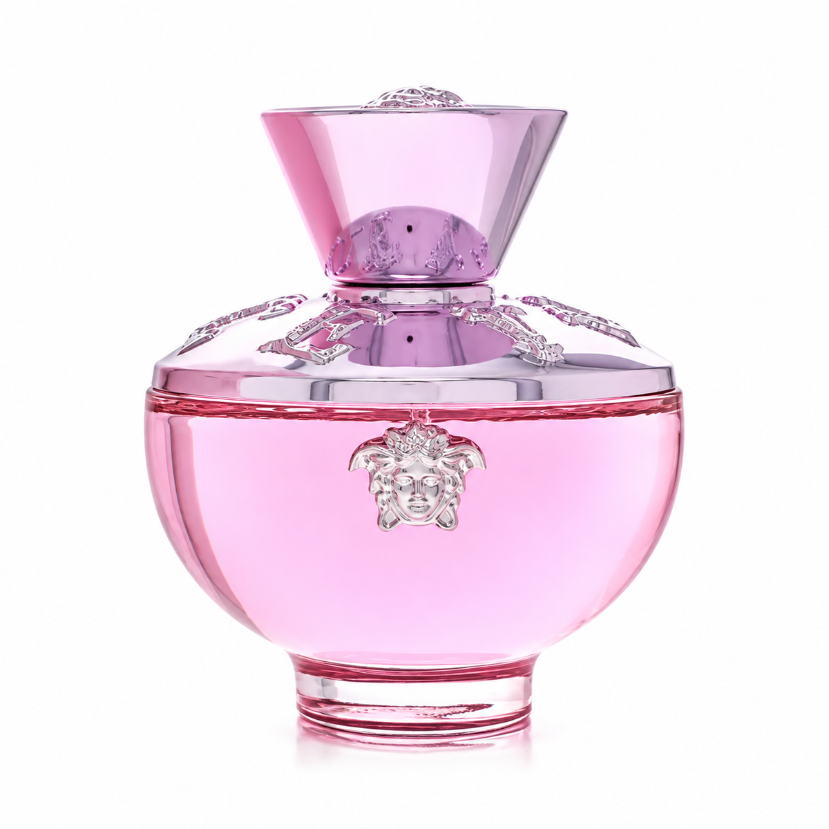Versace Pour Femme Dylan Blush Pink Eau de Parfum for women, elegant soft pink amphora-shaped perfume bottle with metallic pink details and a Medusa-engraved cap 100ml