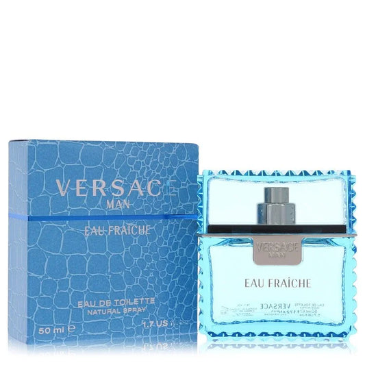 Versace Man Eau Fraîche – crisp aquatic woody fragrance in icy blue glass bottle with textured edge. 50ml