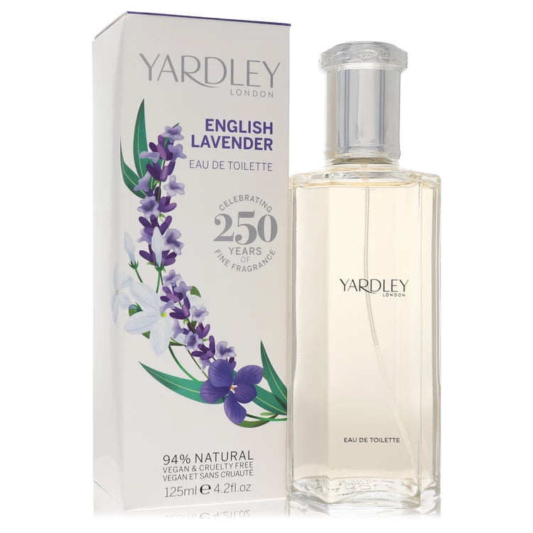 Bottle of Yardley London English Lavender Eau de Toilette with lavender flowers and English countryside background 125ml