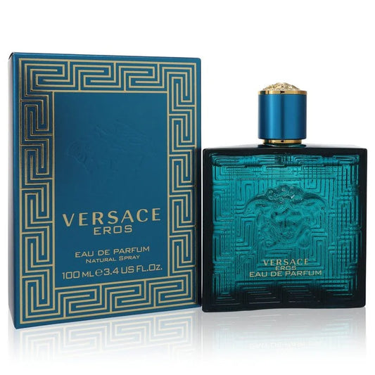 Versace Eros Eau de Parfum – intense fresh amber scent in deep turquoise bottle with gold detailing 100ml