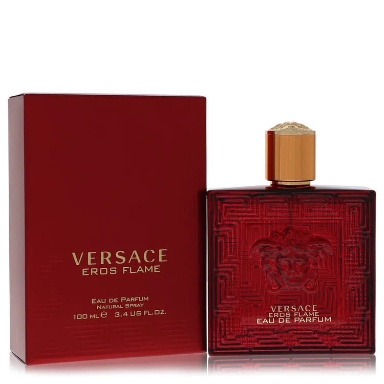 Versace Eros Flame – fiery spicy woody scent in bold red bottle with golden Medusa logo. 100ml