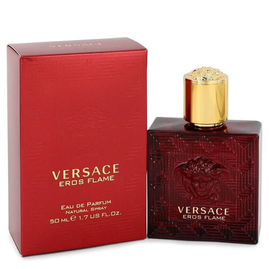 Versace Eros Flame – fiery spicy woody scent in bold red bottle with golden Medusa logo. 50ml