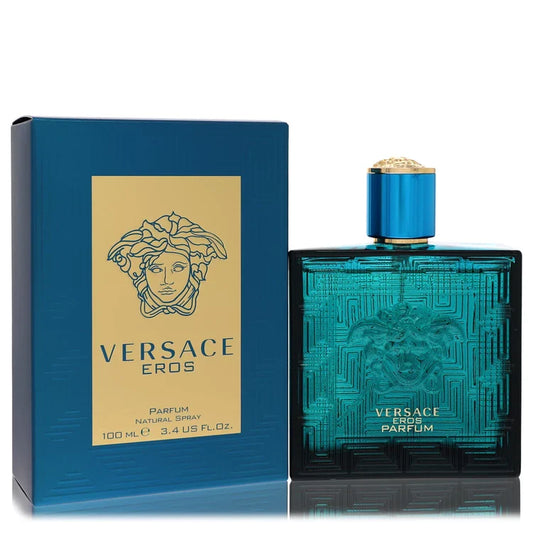 Versace Eros Parfum – refined woody oriental fragrance in luxurious black and gold bottle. 100ml