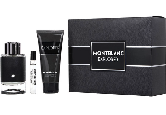 Montblanc Explorer Gift Set – 100ml Eau de Parfum, 100ml Shower Gel, and 7ml Travel Spray in stylish black packaging.
