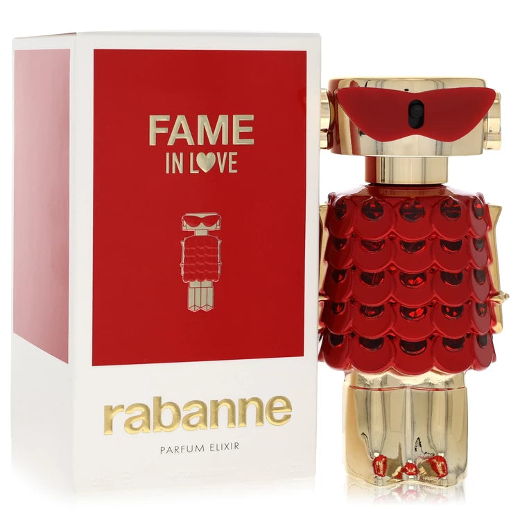 Rabanne Fame In Love Parfum Elixir for women, metallic robot-inspired perfume bottle with a red chainmail dress and crimson sunglasses, featuring strawberry, iris and vanilla notes 50ml