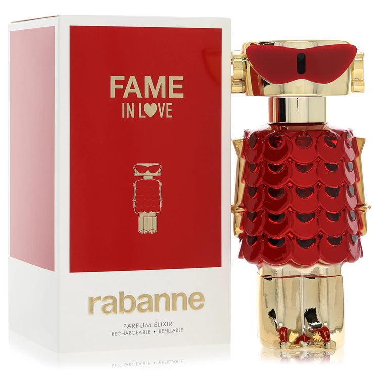 Rabanne Fame In Love Parfum Elixir for women, metallic robot-inspired perfume bottle with a red chainmail dress and crimson sunglasses, featuring strawberry, iris and vanilla notes 80ml