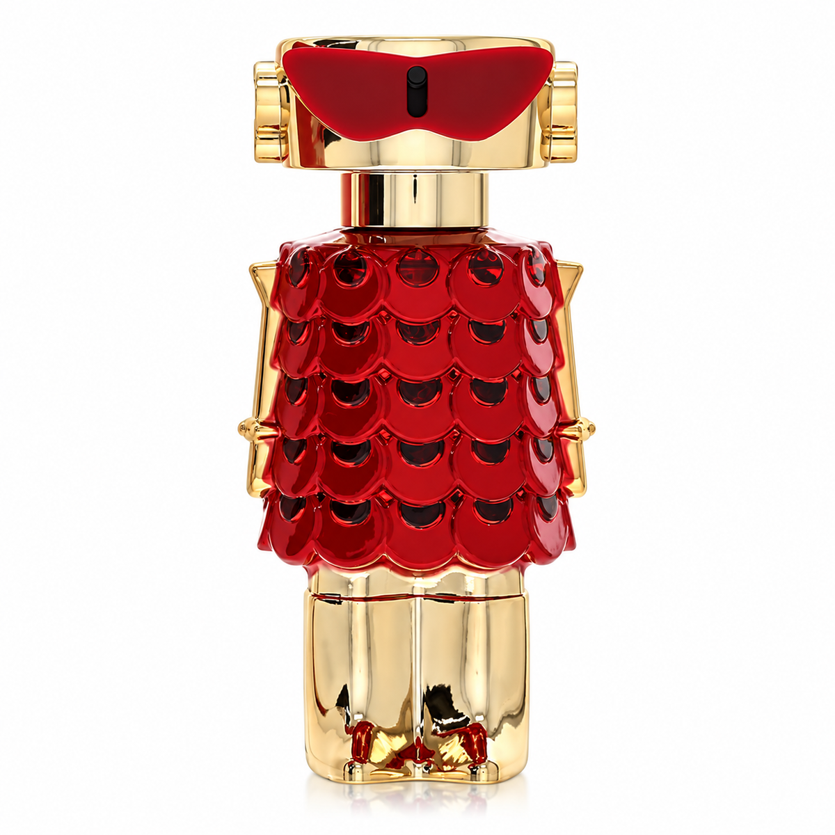 Rabanne Fame In Love Parfum Elixir for women, metallic robot-inspired perfume bottle with a red chainmail dress and crimson sunglasses, featuring strawberry, iris and vanilla notes 80ml