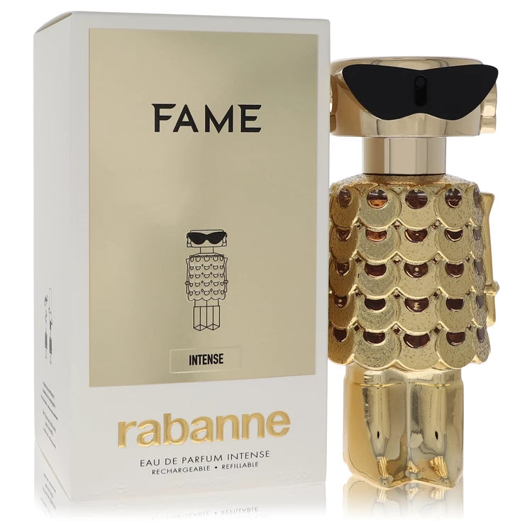 Paco Rabanne Fame Intense – bold woody floral scent in shimmering gold robot-shaped bottle. 100ml