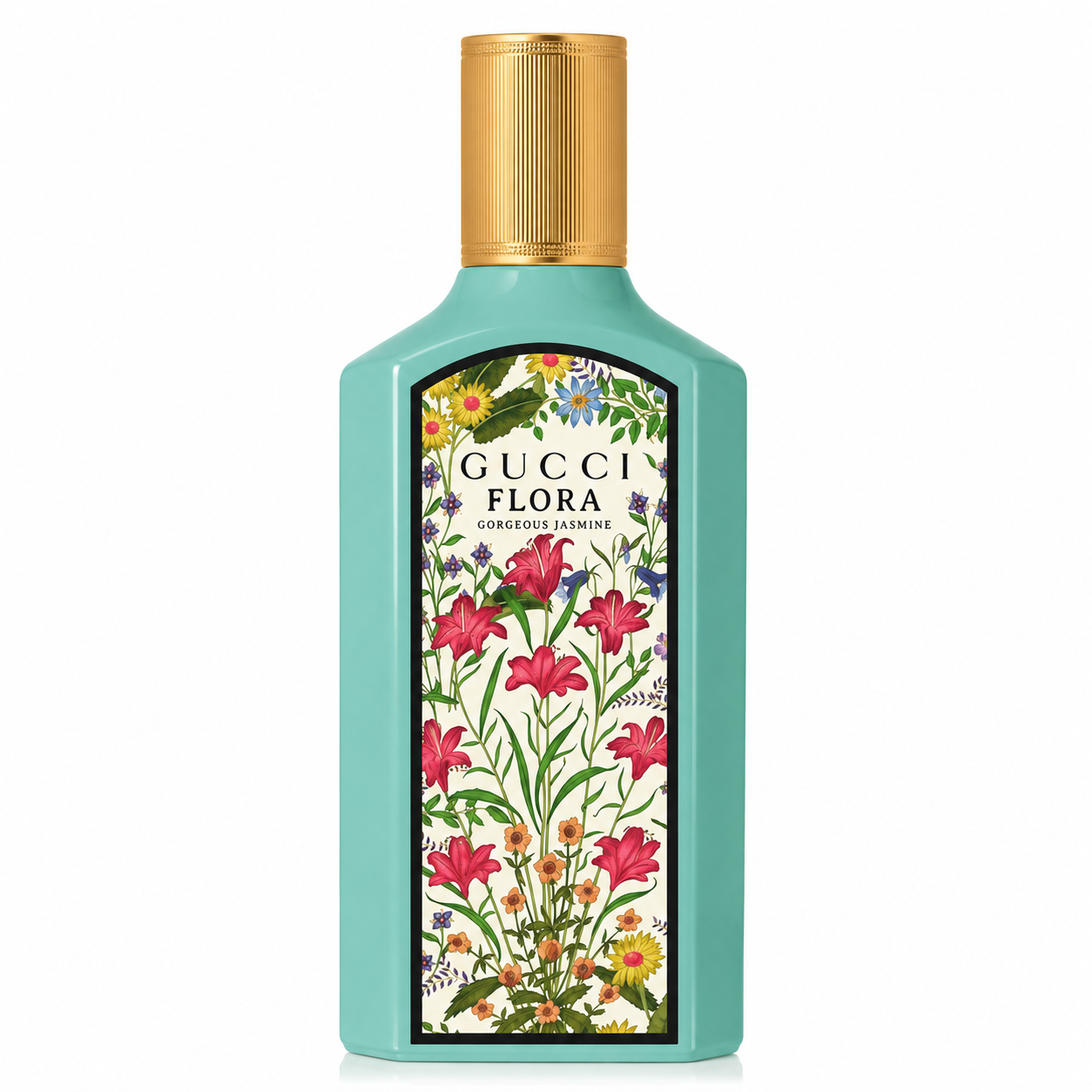 Gucci Flora Gorgeous Jasmine – radiant white floral perfume in pastel green bottle with floral design. 100ml