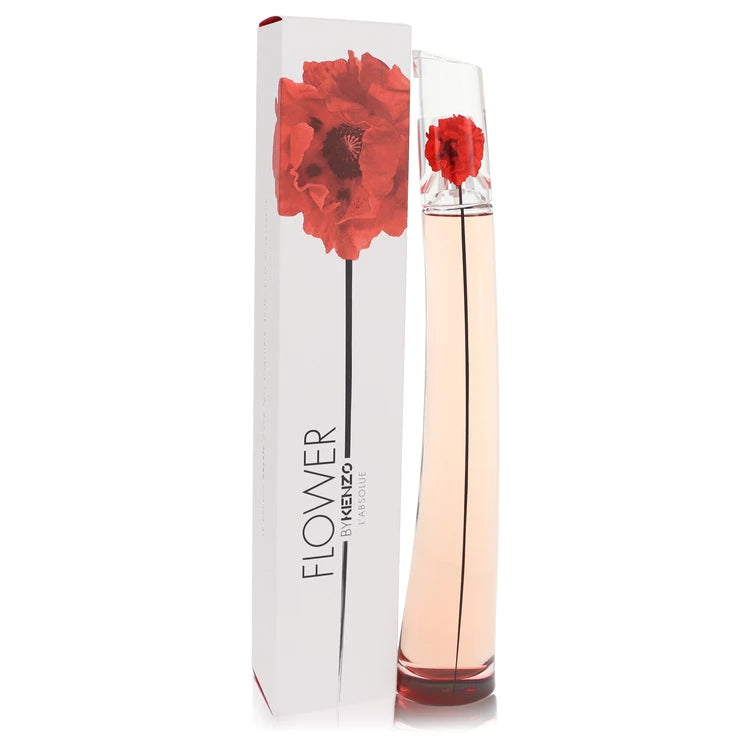 Perfume bottle with red flower design and packaging on a white background 100ml