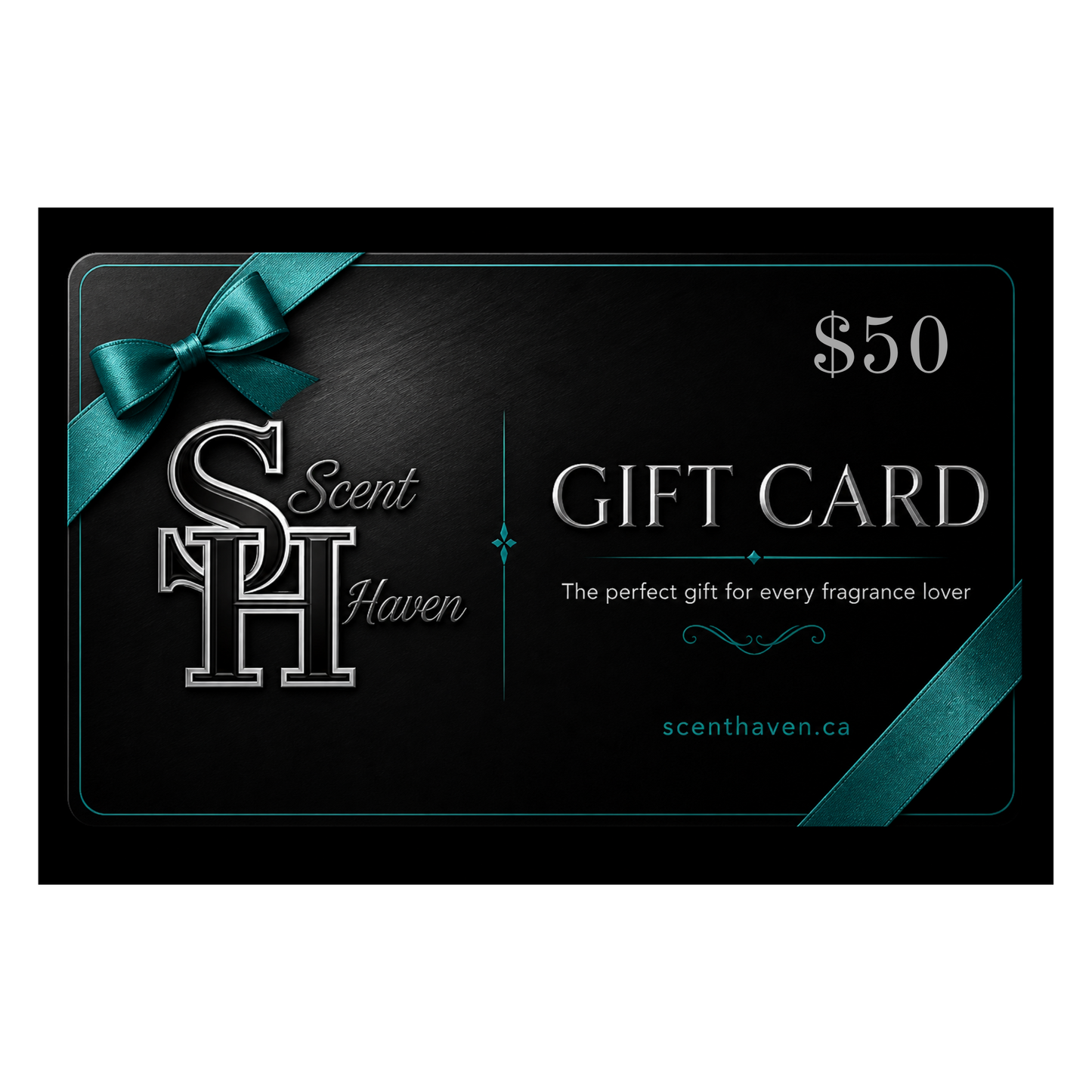 Scent Haven gift card with teal ribbon on a black background $50