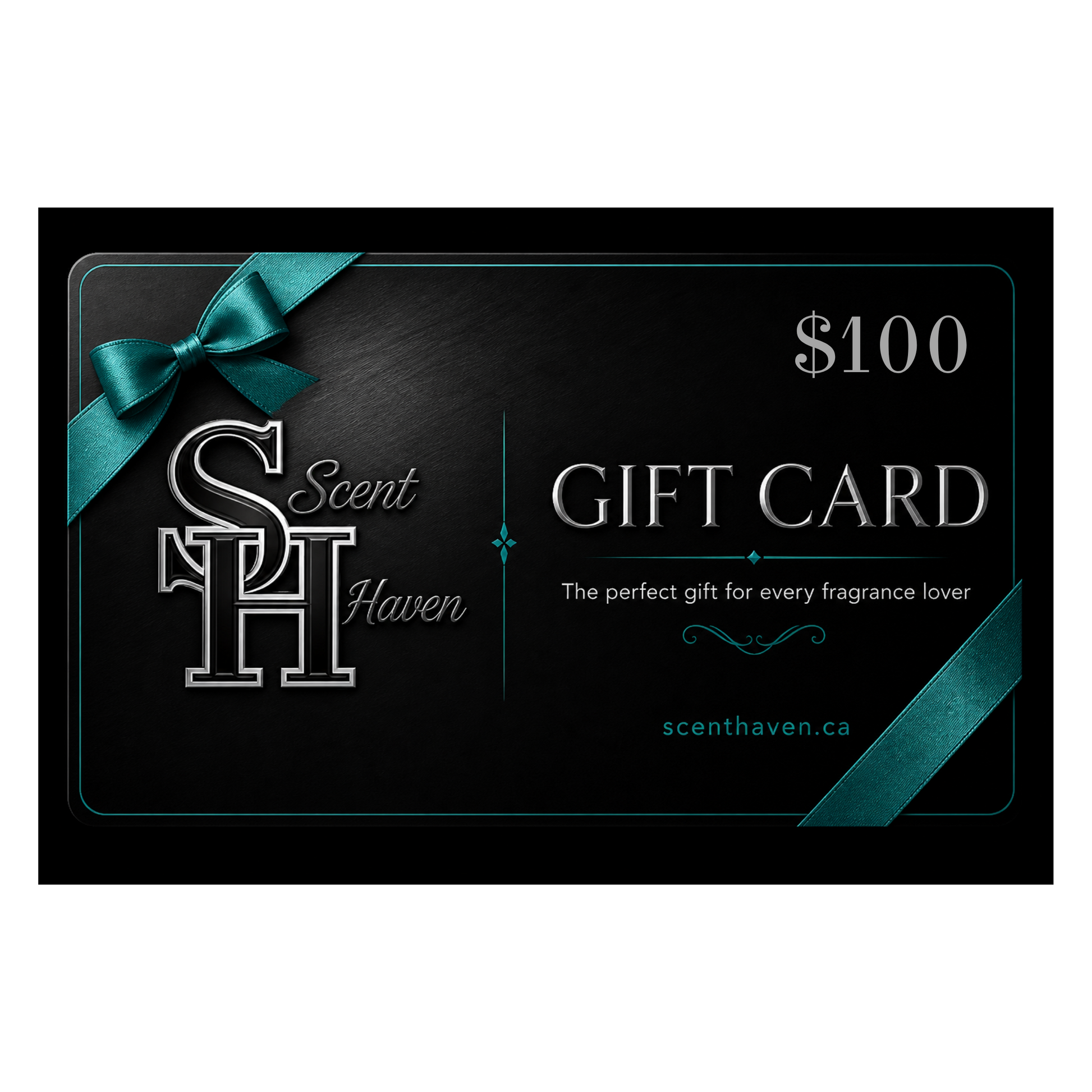Scent Haven gift card with a teal ribbon on a black background $100