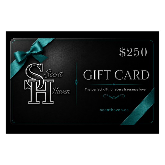 Scent Haven gift card with teal ribbon on a black background $250