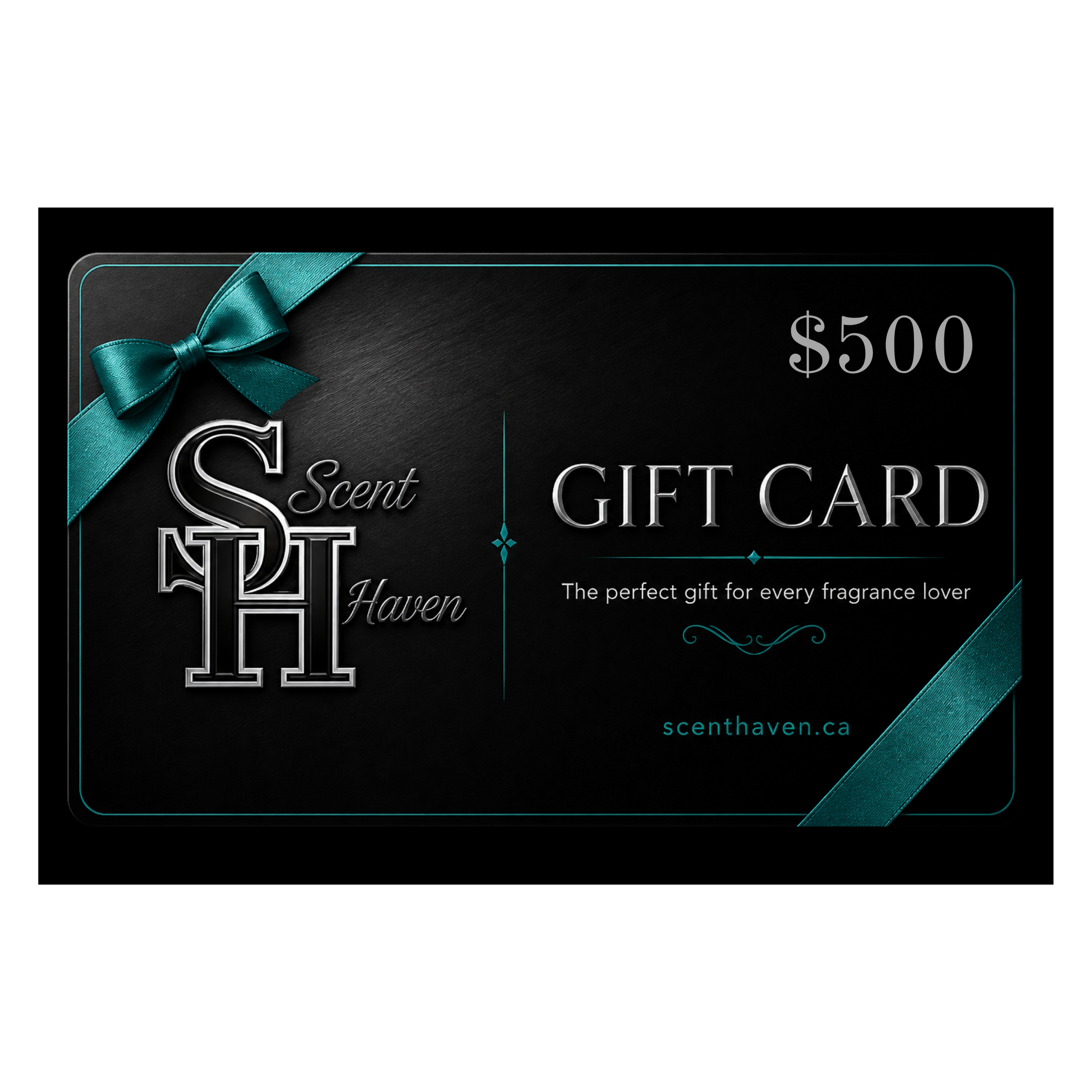 Scent Haven gift card with a teal ribbon on a black background $500