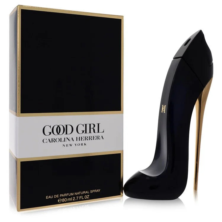 Bottle of Good Girl by Carolina Herrera Eau de Parfum in iconic stiletto shape with dark and gold luxurious backdrop 80ml