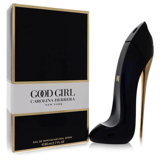 Bottle of Good Girl by Carolina Herrera Eau de Parfum in iconic stiletto shape with dark and gold luxurious backdrop 80ml