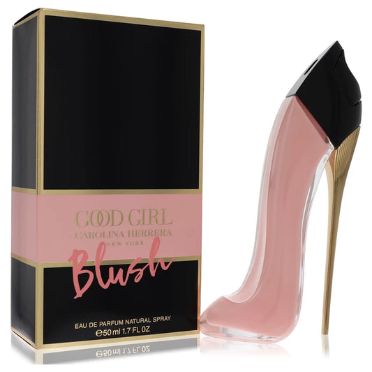 Bottle of Good Girl Blush by Carolina Herrera in pastel pink stiletto design with floral and powdery accents in a light, feminine setting 50ml