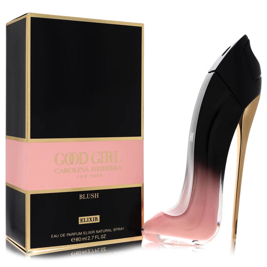 Bottle of Good Girl Blush Elixir by Carolina Herrera in radiant pink stiletto design with floral and vanilla accents in a luxe, romantic background 80ml