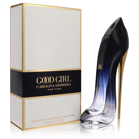 Bottle of Good Girl Légère by Carolina Herrera with gradient stiletto design, set against a soft floral and amber-toned background 50ml