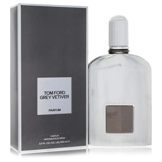 Tom Ford Grey Vetiver Parfum luxury men's fragrance in a sophisticated silver metallic fluted bottle, featuring grapefruit, orange flower, nutmeg, pimento, vetiver and oakmoss. 100ml