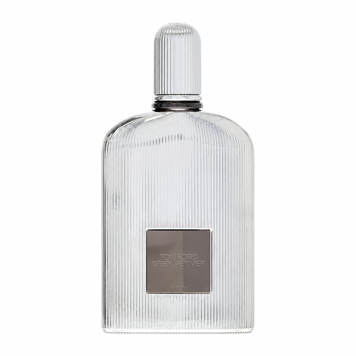 Tom Ford Grey Vetiver Parfum luxury men's fragrance in a sophisticated silver metallic fluted bottle, featuring grapefruit, orange flower, nutmeg, pimento, vetiver and oakmoss. 100ml