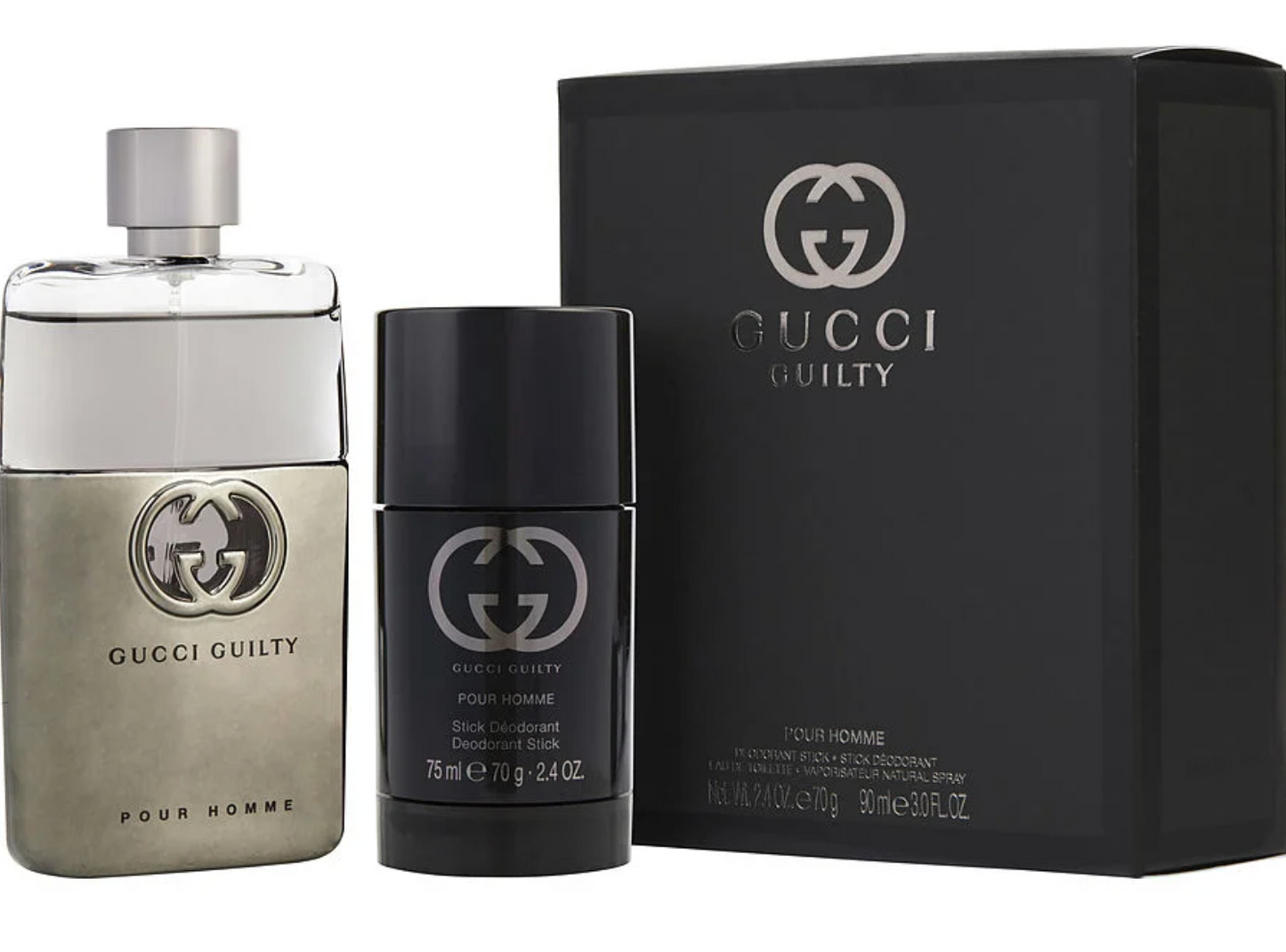 Gucci Guilty Gift Set – 90ml Eau de Toilette and 70ml Deodorant Stick in signature black and gold packaging.