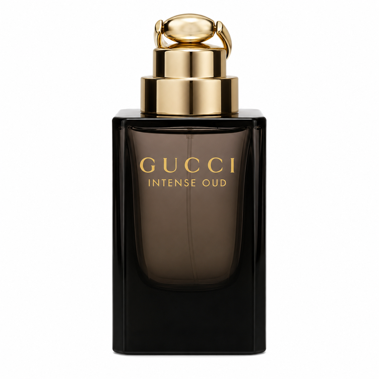 Bottle of Gucci Intense Oud Eau de Parfum with dark gold and black tones against a luxurious, smoky background 90ml