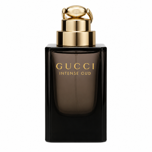 Bottle of Gucci Intense Oud Eau de Parfum with dark gold and black tones against a luxurious, smoky background 90ml