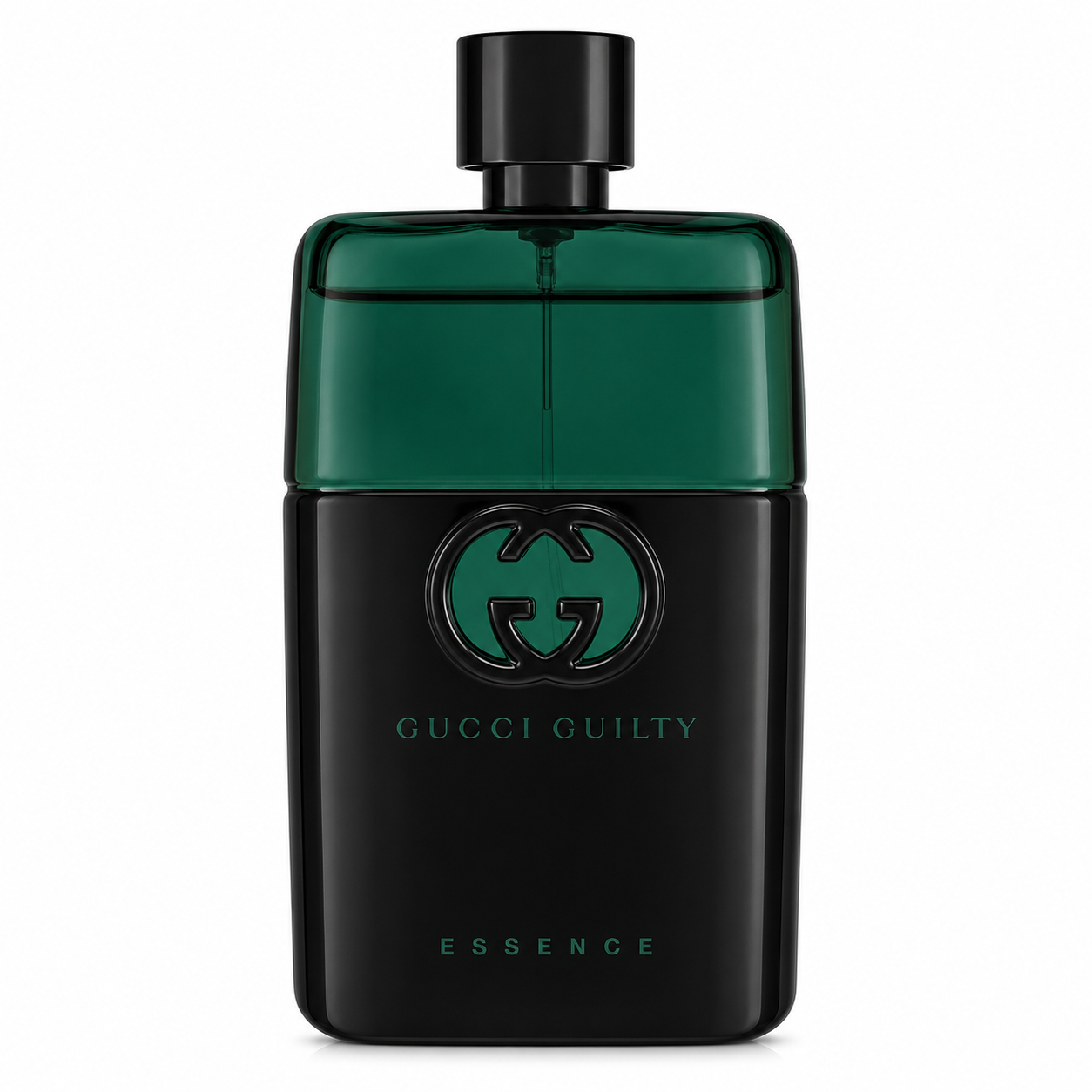 Gucci Guilty Essence for men – refined aromatic cologne in silver metallic bottle with black base. 90ml
