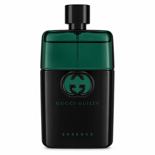 Gucci Guilty Essence for men – refined aromatic cologne in silver metallic bottle with black base. 90ml