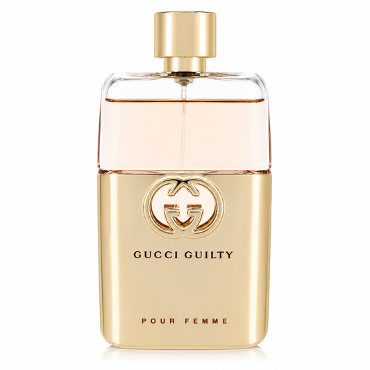 Gucci Guilty for women – bold floral amber fragrance in sleek gold bottle with interlocking G logo. 90ml