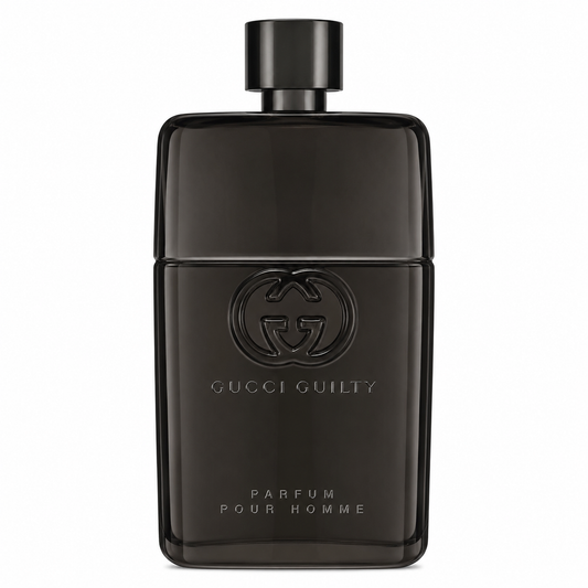 Gucci Guilty Parfum for men – intense masculine fragrance in deep matte black bottle with gold logo. 90ml