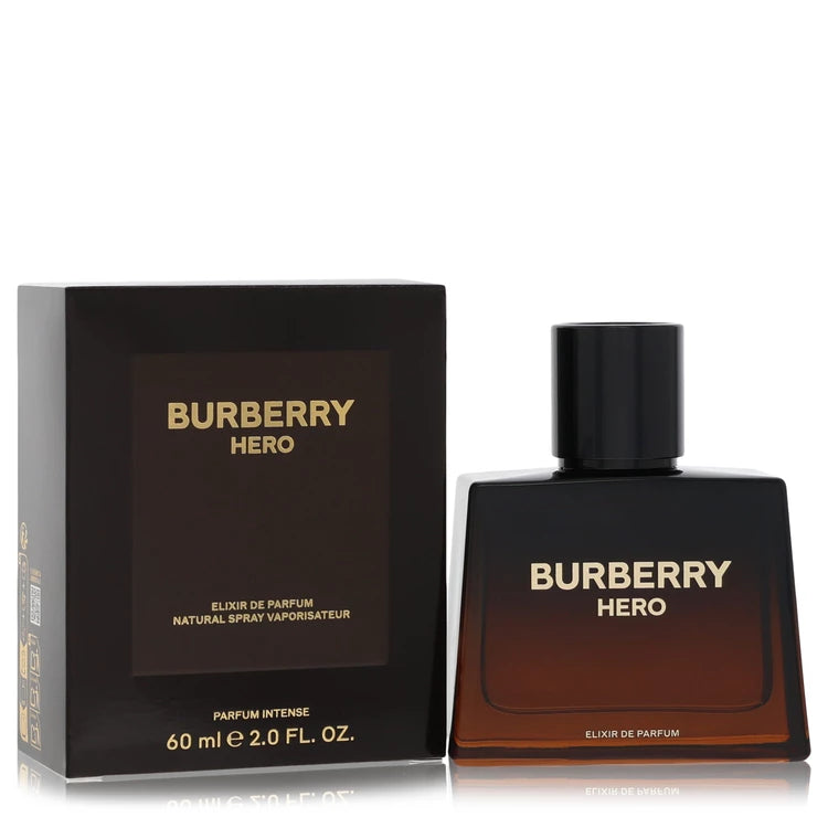 Burberry Hero Elixir Parfum Intense men's fragrance bottle with dark amber gradient glass and Burberry Equestrian Knight cap 60ml
