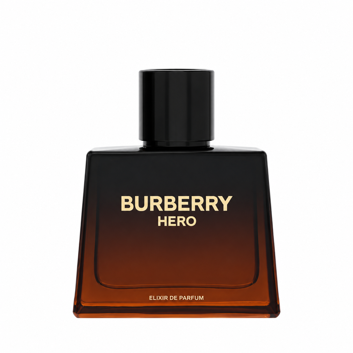 Burberry Hero Elixir Parfum Intense men's fragrance bottle with dark amber gradient glass and Burberry Equestrian Knight cap 60ml