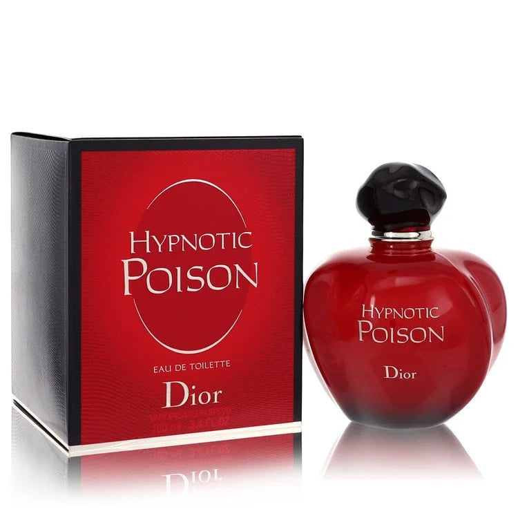 Bottle of Hypnotic Poison by Dior Eau de Parfum with a deep red apple-shaped design and dark sensual backdrop 100ml