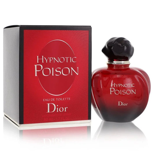 Bottle of Hypnotic Poison by Dior Eau de Parfum with a deep red apple-shaped design and dark sensual backdrop 50ml