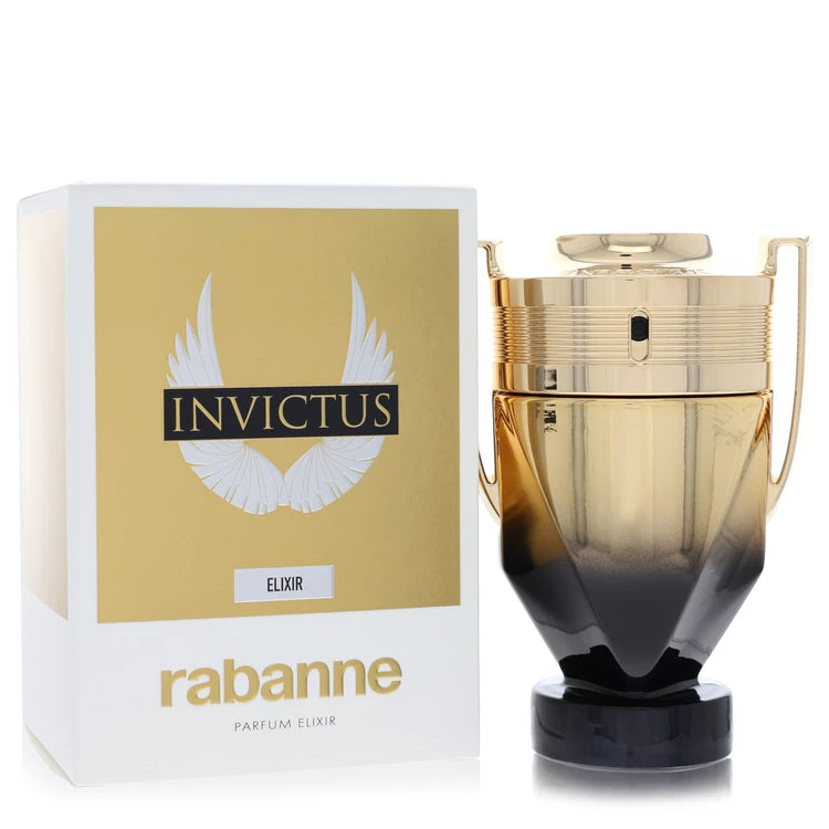 Paco Rabanne Invictus Elixir Parfum for men, luxurious gold trophy-shaped fragrance bottle featuring salted mineral accords, aromatic cypress and vanilla caviar 100ml