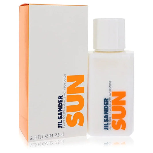 Bottle of Jil Sander Sun Eau de Toilette with golden summer sunlight and beach-inspired background 75ml