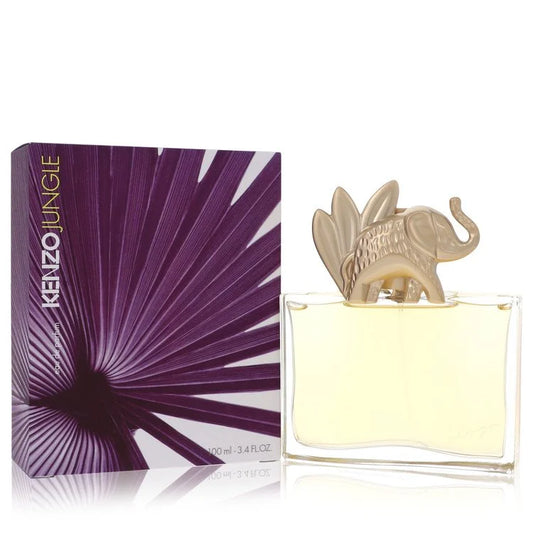 Bottle of Kenzo Jungle L’Éléphant Eau de Parfum with gold elephant cap and exotic spice background 100ml