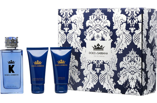 K by Dolce & Gabbana Gift Set – 100ml Eau de Toilette, 50ml Aftershave Balm, and 50ml Shower Gel in royal blue packaging.