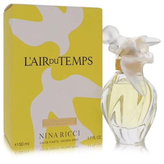 Bottle of L’Air du Temps by Nina Ricci Eau de Toilette with soft floral background and dove cap 50ml