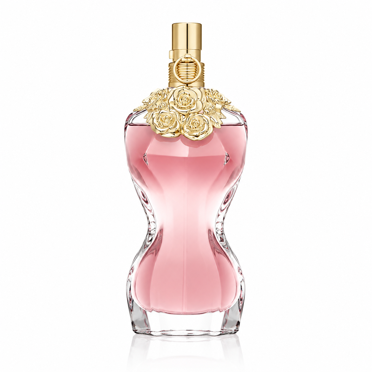Jean Paul Gaultier La Belle Eau de Parfum. Classic women's torso bottle with golden roses around the neck of the bottle. 50ml