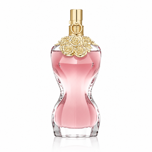 Jean Paul Gaultier La Belle Eau de Parfum. Classic women's torso bottle with golden roses around the neck of the bottle. 50ml