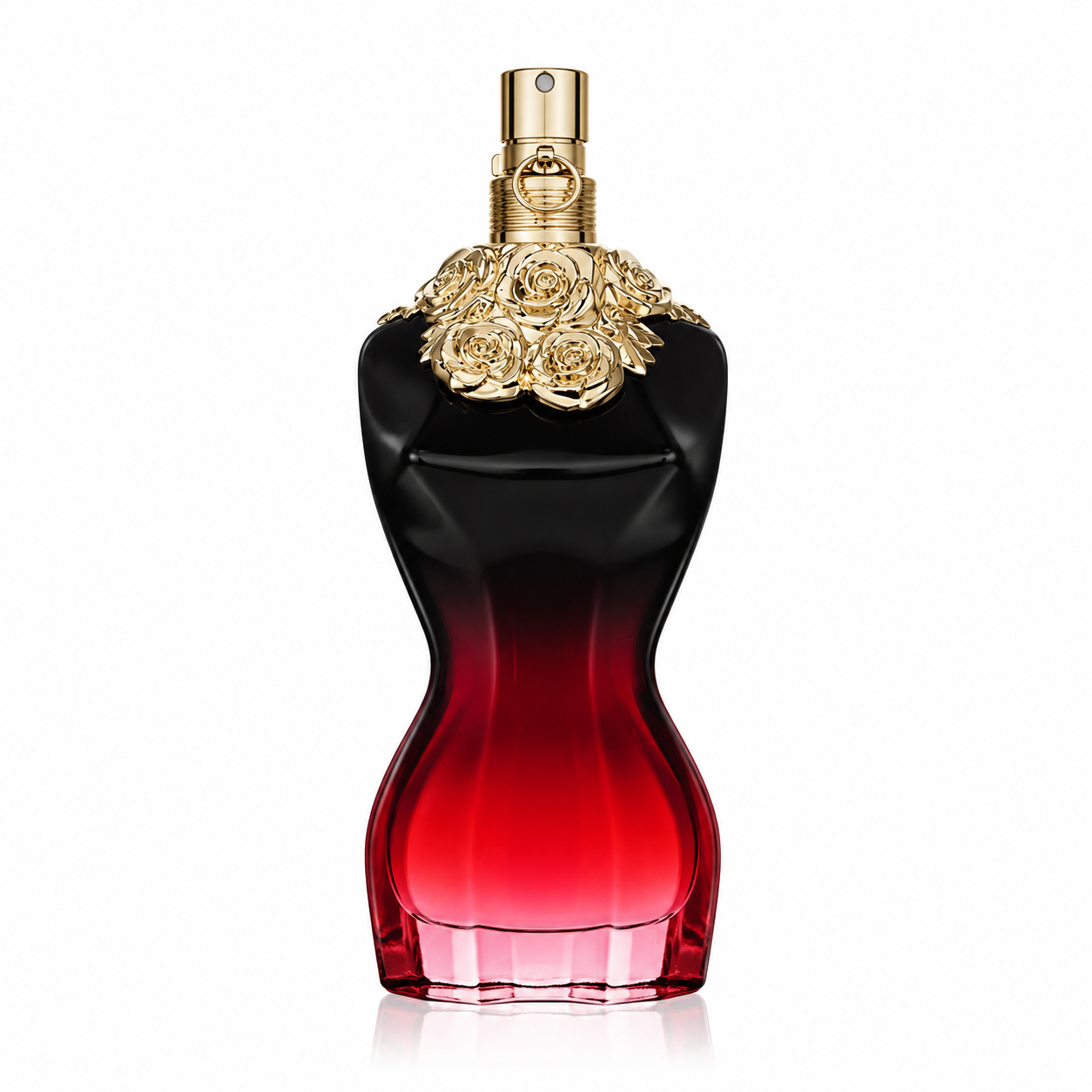 Jean Paul Gaultier La Belle Le Parfum Intense 100ml. Classic Gaultier bottle design of women's torso, deep red with golden roses around neck of bottle. 