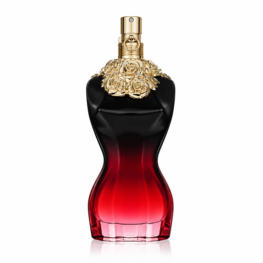 Jean Paul Gaultier La Belle Le Parfum Intense 100ml. Classic Gaultier bottle design of women's torso, deep red with golden roses around neck of bottle. 