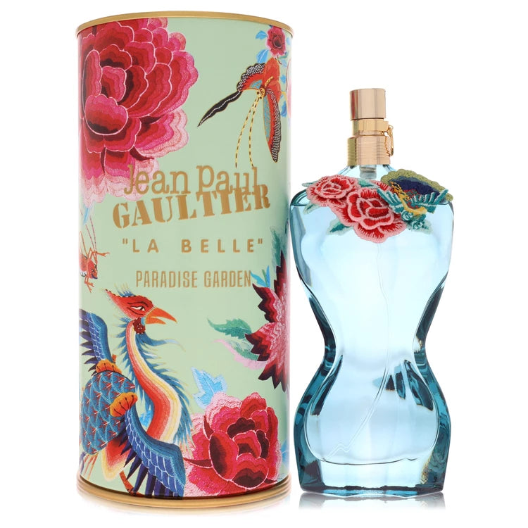 Jean Paul Gaultier La Belle Paradise Garden perfume bottle and packaging with floral design. 100ml