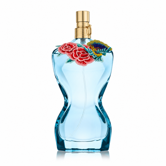 Jean Paul Gaultier La Belle Paradise Garden Eau de Parfum 100ml. Classic Gaultier design of women's torso light blue with flowers around neck of bottle. 