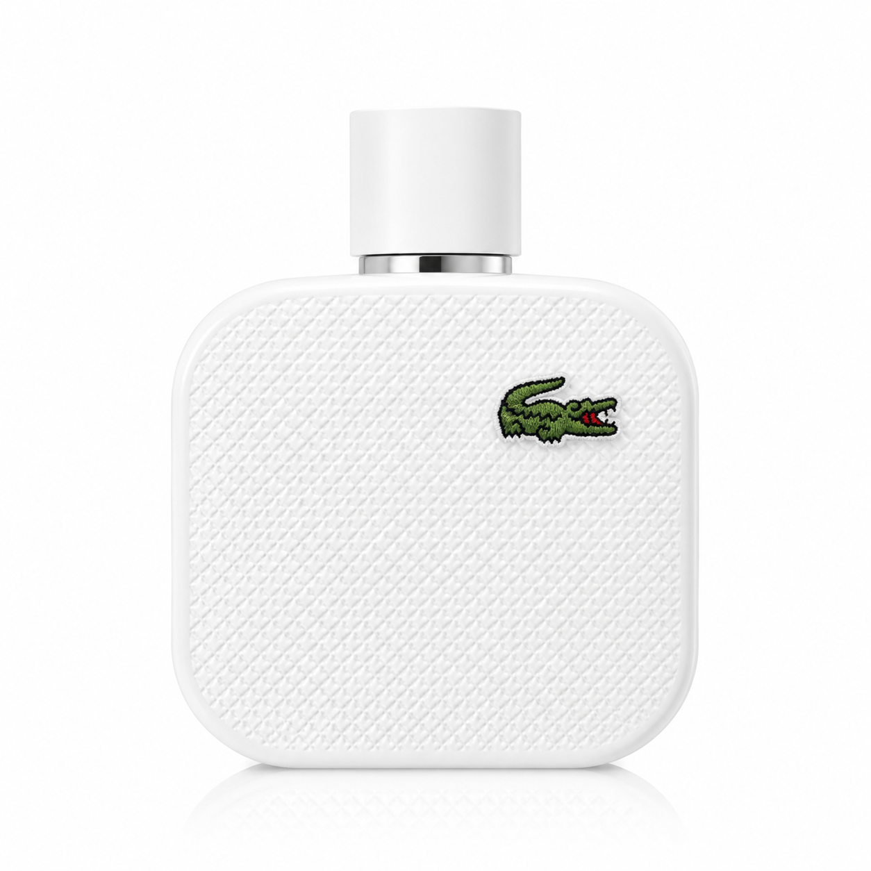 Bottle of Lacoste L.12.12 Blanc Eau de Toilette for Men with white and fresh citrus background 100ml
